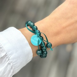 Bracelet élastiqué Perles Résine BLEU CANARD NACRE & ruban satin - 1cm