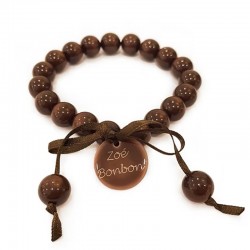 Bracelet élastiqué Perles Résine MARRON GLACE NACRE & ruban satin - 1cm