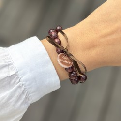 Bracelet élastiqué Perles Résine MARRON GLACE NACRE & ruban satin - 1cm