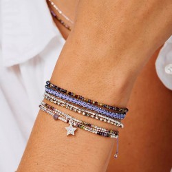 Bracelet élastique - Perles de verre Violet Kaki TAILLE S