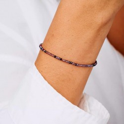 Bracelet élastique en argent - Perles de verre Prune & Violet TAILLE M
