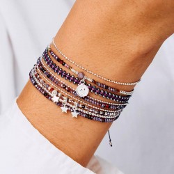 Bracelet élastique en argent - Perles de verre Prune & Violet TAILLE M