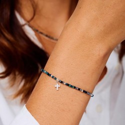 Bracelet élastique CROIX OXYDE ZIRCONIUM en Argent - Noir Turquoise TAILLE M