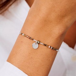 Bracelet élastique PASTILLE argent - Beige Léopard & Perle marron TAILLE M