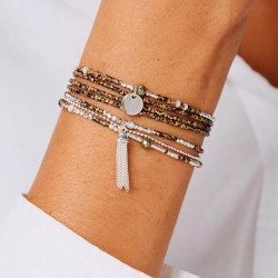 Bracelet élastique PASTILLE argent - Beige Léopard & Perle marron TAILLE M
