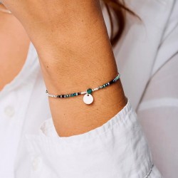 Bracelet élastique PASTILLE argent - Miyukis Noir Turquoise & Perle verte TAILLE M