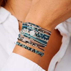 Bracelet élastique 3 tours en argent - Miyukis Noir Turquoise TAILLE M