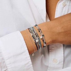 Bracelet élastique 2 tours ETOILE Pavé d'oxydes de zirconium & Chaîne argent - Noir Turquoise TAILLE M