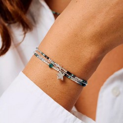 Bracelet élastique 2 tours ETOILE Pavé d'oxydes de zirconium & Chaîne argent - Noir Turquoise TAILLE M