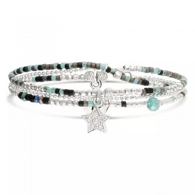 Bracelet élastique 2 tours ETOILE Zircons & Chaîne argent - Noir Turquoise - DORIANE Bijoux