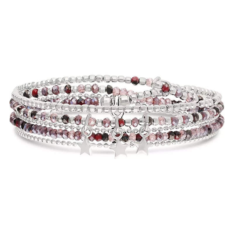 Bracelet élastique 3 tours ETOILE VAGABONDES - Perles Violet Prune & Chaînes en argent - DORIANE Bijoux