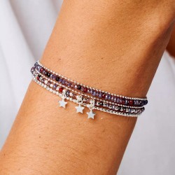 Bracelet élastique 3 tours ETOILE VAGABONDES - Perles Violet Prune & Chaînes en argent TAILLE M