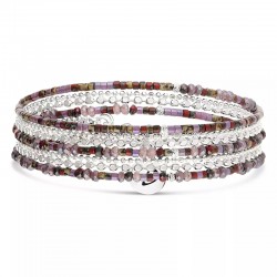 Bracelet élastique 3 tours CHAÎNES en argent - Violet Prune - DORIANE Bijoux