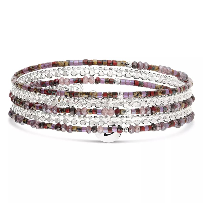 Bracelet élastique 3 tours CHAÎNES en argent - Violet Prune - DORIANE Bijoux