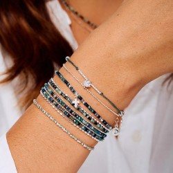 Bracelet élastique 3 tours CHAÎNES en argent - Noir Turquoise TAILLE M