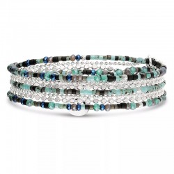 Bracelet élastique 3 tours CHAÎNES en argent - Noir Turquoise - DORIANE Bijoux