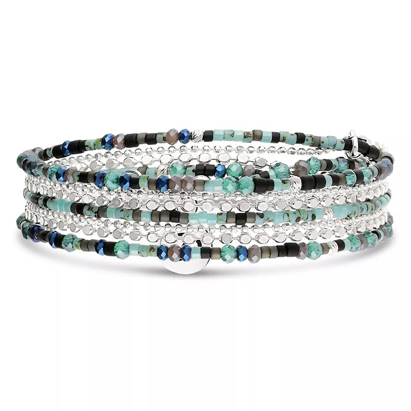 Bracelet élastique 3 tours CHAÎNES en argent - Noir Turquoise - DORIANE Bijoux
