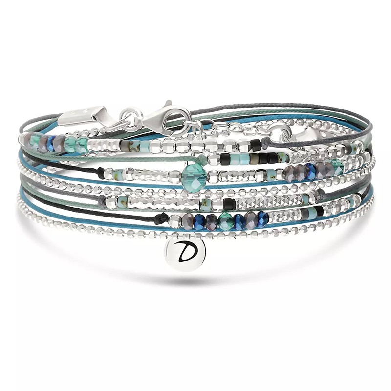 Bracelet élastique 2 tours ATLANTA en argent - Noir Turquoise Hématite - DORIANE Bijoux