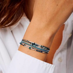 Bracelet élastique 2 tours ATLANTA en argent - Noir Turquoise Hématite