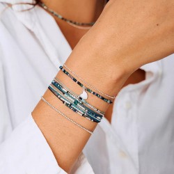 Bracelet élastique 2 tours ATLANTA en argent - Noir Turquoise Hématite