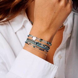 Bracelet élastique 2 tours ATLANTA en argent - Noir Turquoise Hématite