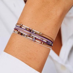 Bracelet 2 tours ATLANTA en argent - Cordons & Perles Violet Kaki