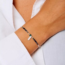 Bracelet élastique PLUME MERIDA en argent - Noir Turquoise TAILLE M