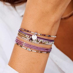 Bracelet élastique PASTILLE argent - Violet Prune & Perle violette TAILLE M