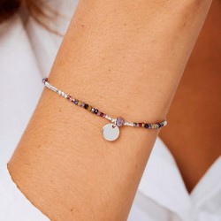 Bracelet élastique PASTILLE argent - Violet Prune & Perle violette TAILLE M