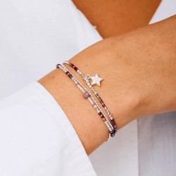Bracelet élastique 2 tours ETOILE Pavé d'oxydes de zirconium & Chaîne argent - Violet Prune TAILLE M