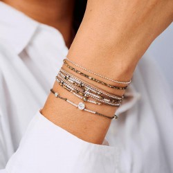 Bracelet 2 tours ATLANTA en argent - Cordons & Perles Beige Léopard