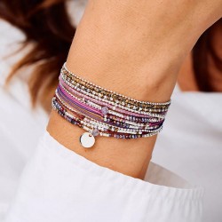Bracelet 2 tours ATLANTA en argent - Cordons & Perles Violet Kaki