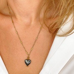 Collier LORETTE chaîne dorée - Pendentif Cœur noir & Hématites dorées - Maison 91
