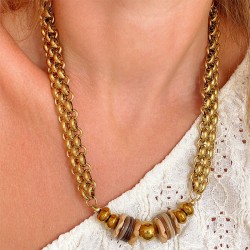 Collier TAMARA doré - Chaîne XXL, Coquillage, Bois & Hématites dorées - MAISON 91