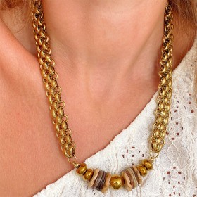 Collier TAMARA doré - Chaîne XXL, Coquillage, Bois & Hématites dorées - MAISON 91
