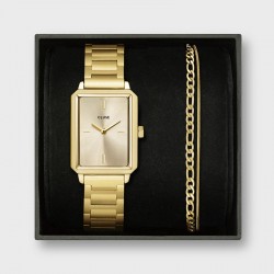 Coffret Montre Fluette dorée, cadran rectangle & bracelet oyster - CLUSE