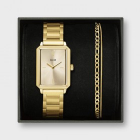 Coffret Montre Fluette dorée, cadran rectangle & bracelet oyster - CLUSE