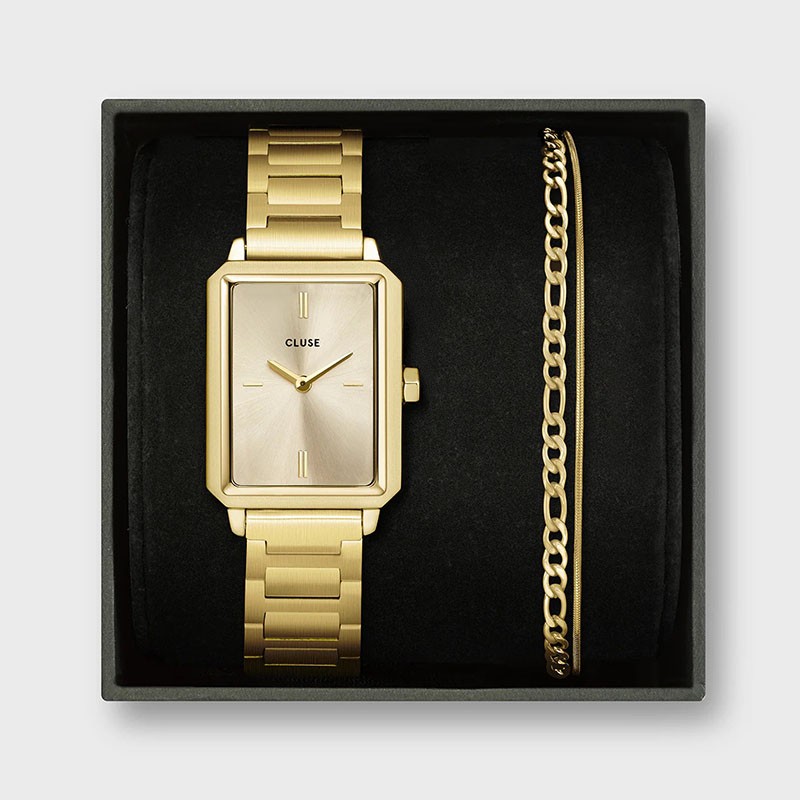 Coffret Montre Fluette dorée, cadran rectangle & bracelet oyster - CLUSE