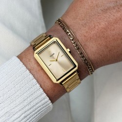 Coffret Montre Fluette dorée, cadran rectangle & bracelet oyster