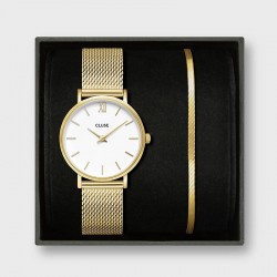 Montre Minuit Mesh, or, bracelet chaîne, cadran rond blanc & bracelet milanais - CLUSE