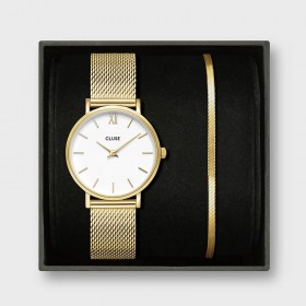 Montre Minuit Mesh, or, bracelet chaîne, cadran rond blanc & bracelet milanais - CLUSE