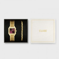 Coffret Montre Gracieuse dorée, cadran carré dark cherry & bracelet chaîne serpent tressée