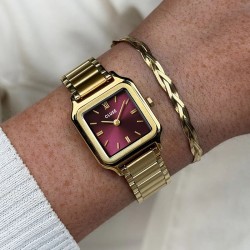 Coffret Montre Gracieuse dorée, cadran carré dark cherry & bracelet chaîne serpent tressée