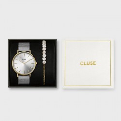 Montre Boho Chic Mesh, Gold Silver, mix chaîne perles, cadran rond blanc & bracelet milanais - CLUSE