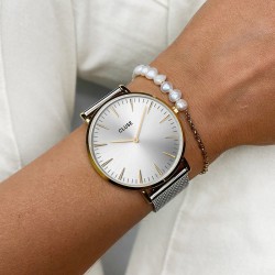 Coffret Montre Boho Chic Mesh, Gold Silver, cadran rond & bracelet mix chaîne et perles