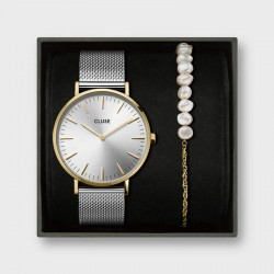 Montre Boho Chic Mesh, Gold Silver, mix chaîne perles, cadran rond blanc & bracelet milanais - CLUSE