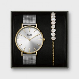 Montre Boho Chic Mesh, Gold Silver, mix chaîne perles, cadran rond blanc & bracelet milanais - CLUSE