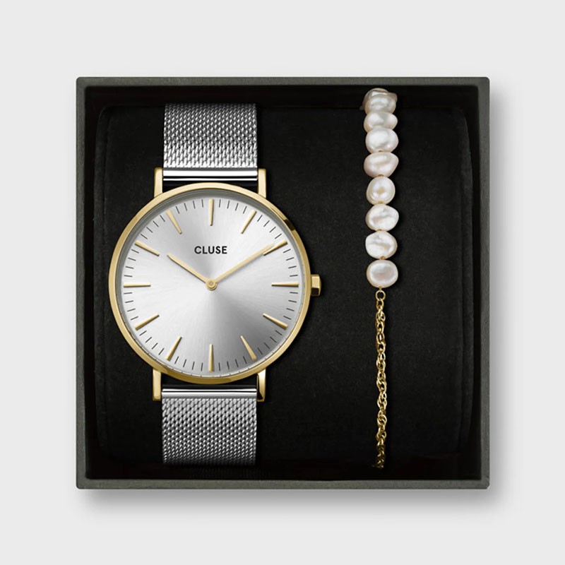 Montre Boho Chic Mesh, Gold Silver, mix chaîne perles, cadran rond blanc & bracelet milanais - CLUSE