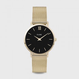 Montre Minuit Mesh Gold, cadran rond noir & bracelet milanais - CLUSE