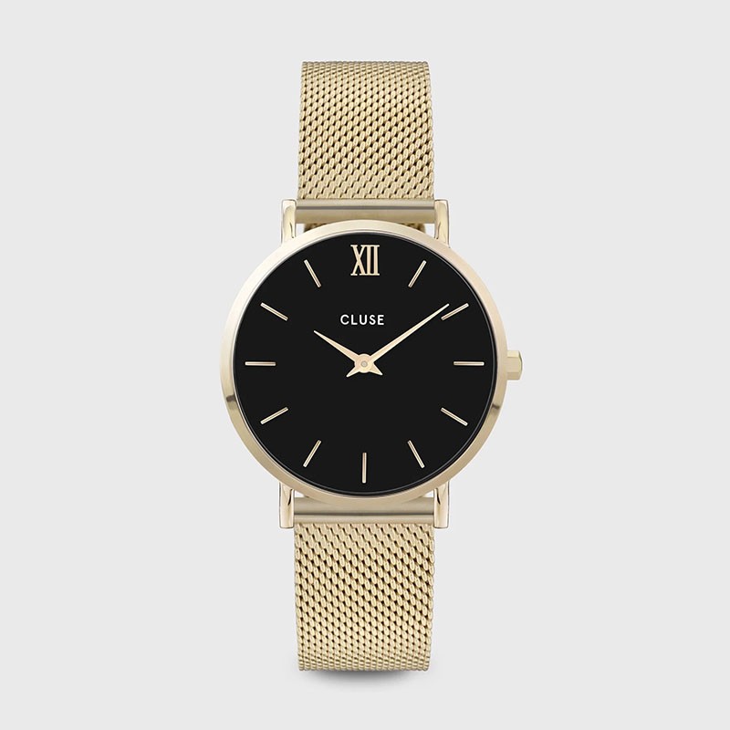 Montre Minuit Mesh Gold, cadran rond noir & bracelet milanais - CLUSE